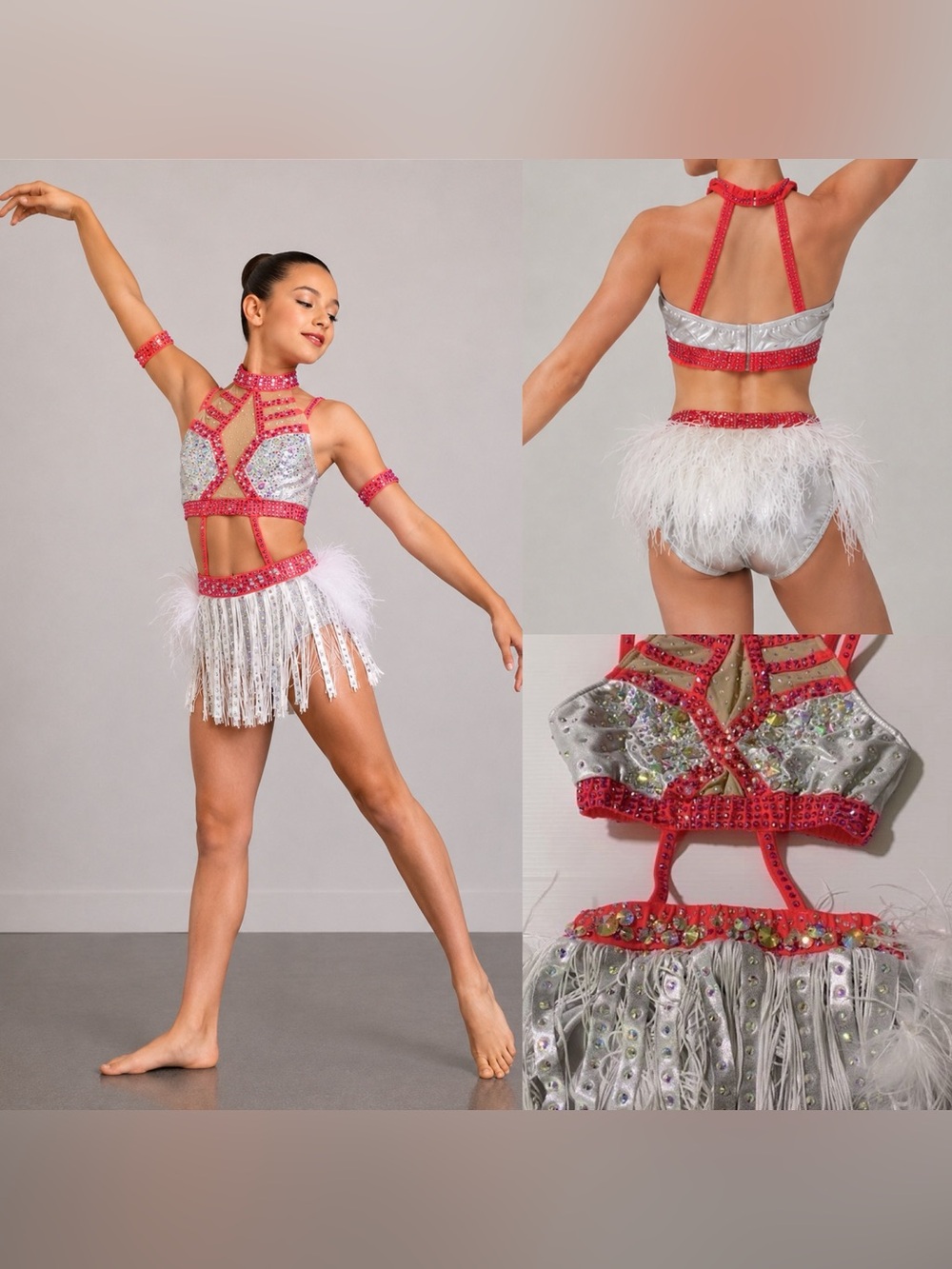 Glamour White Silver Fringe Feather Dance Costume LC Child Jazz Broadway Solo